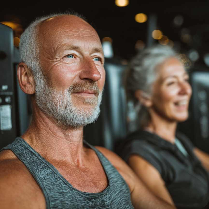 Seniori practicând yoga în aer liber